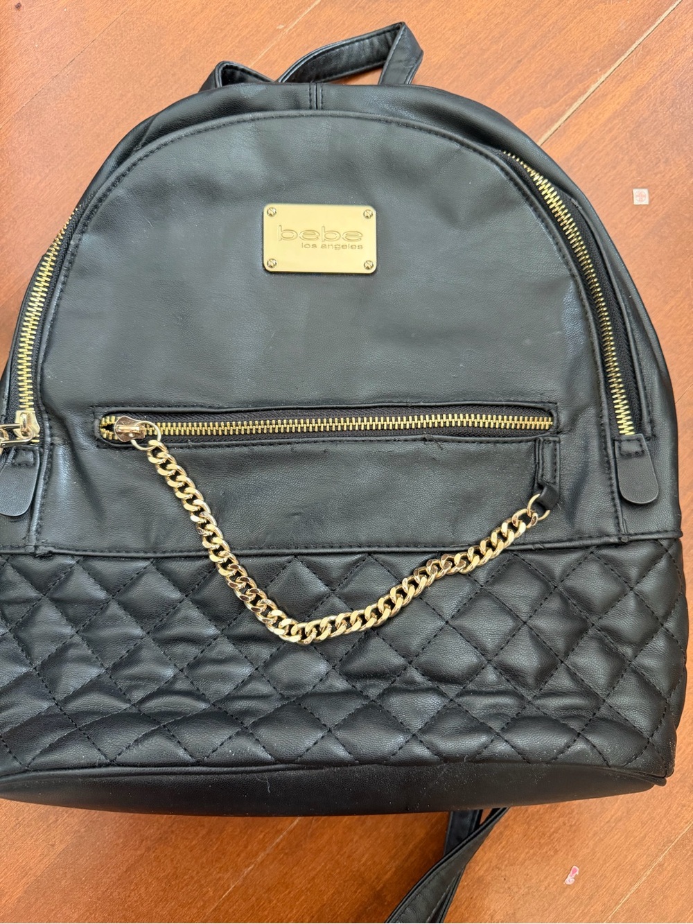 bebe Black Quilted Faux-Leather Backpack with Gold Chain & Plaque